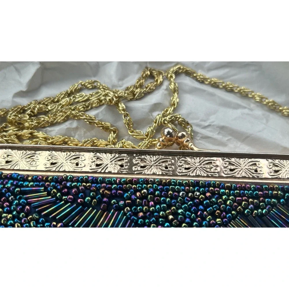 Iridescent Beaded Evening Clutch Bag Gold Tone Frame Chain Strap Navy Blue